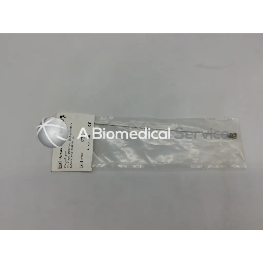 Silver metallic integra jarit 285-452s surgical stylet with spherical head in clear packaging for frazier suction tube 8fr