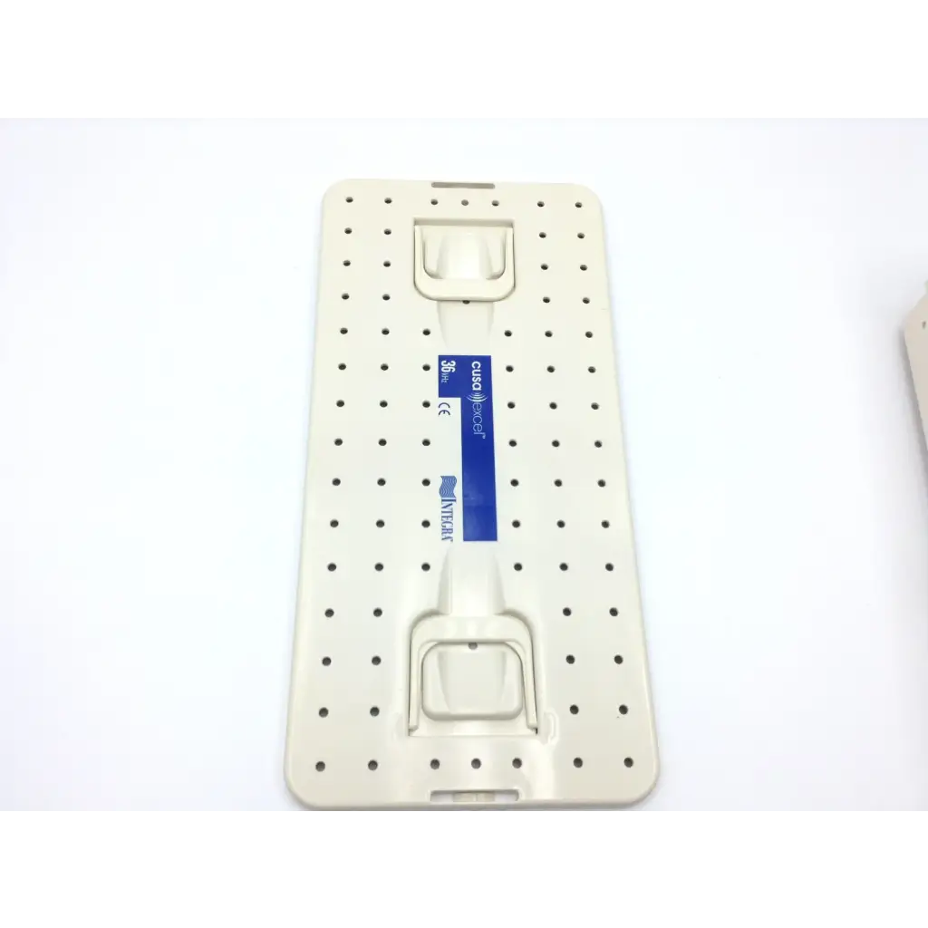 Beige plastic orthopedic sterilization case tray with perforated surface and molded handles for cusa excel ultrasonic aspirator 36khz