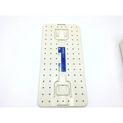 Beige plastic orthopedic sterilization case tray with perforated surface and molded handles for cusa excel ultrasonic aspirator 36khz