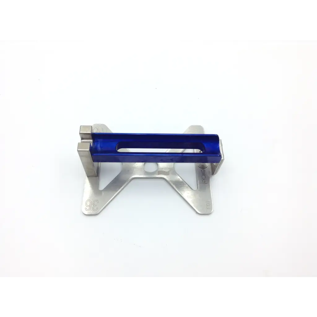 Blue anodized aluminum handle with silver metal base and v-shaped support on integra valleylab sterilization case tray for cusa excel ultrasonic aspirator 36khz