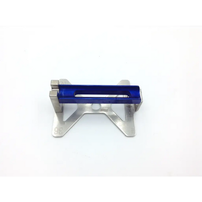 Blue anodized aluminum handle with silver metal base and v-shaped support on integra valleylab sterilization case tray for cusa excel ultrasonic aspirator 36khz