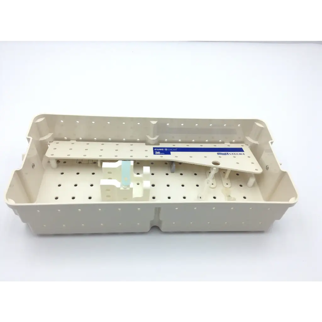 Beige plastic sterilization case tray with perforated interior and blue-labeled divider for cusa excel ultrasonic aspirator 36khz