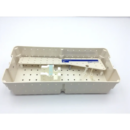 Beige plastic sterilization case tray with perforated interior and blue-labeled divider for cusa excel ultrasonic aspirator 36khz