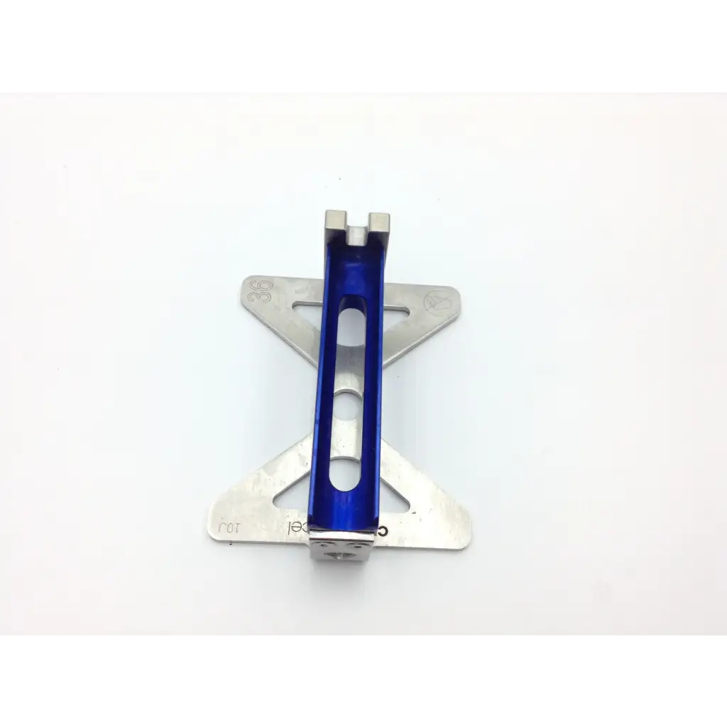 Blue anodized aluminum bicycle stem with silver mounting plates in integra valleylab sterilization case tray for cusa excel ultrasonic aspirator 36khz