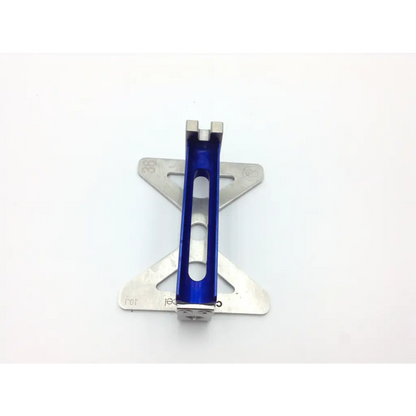 Blue anodized aluminum bicycle stem with silver mounting plates in integra valleylab sterilization case tray for cusa excel ultrasonic aspirator 36khz
