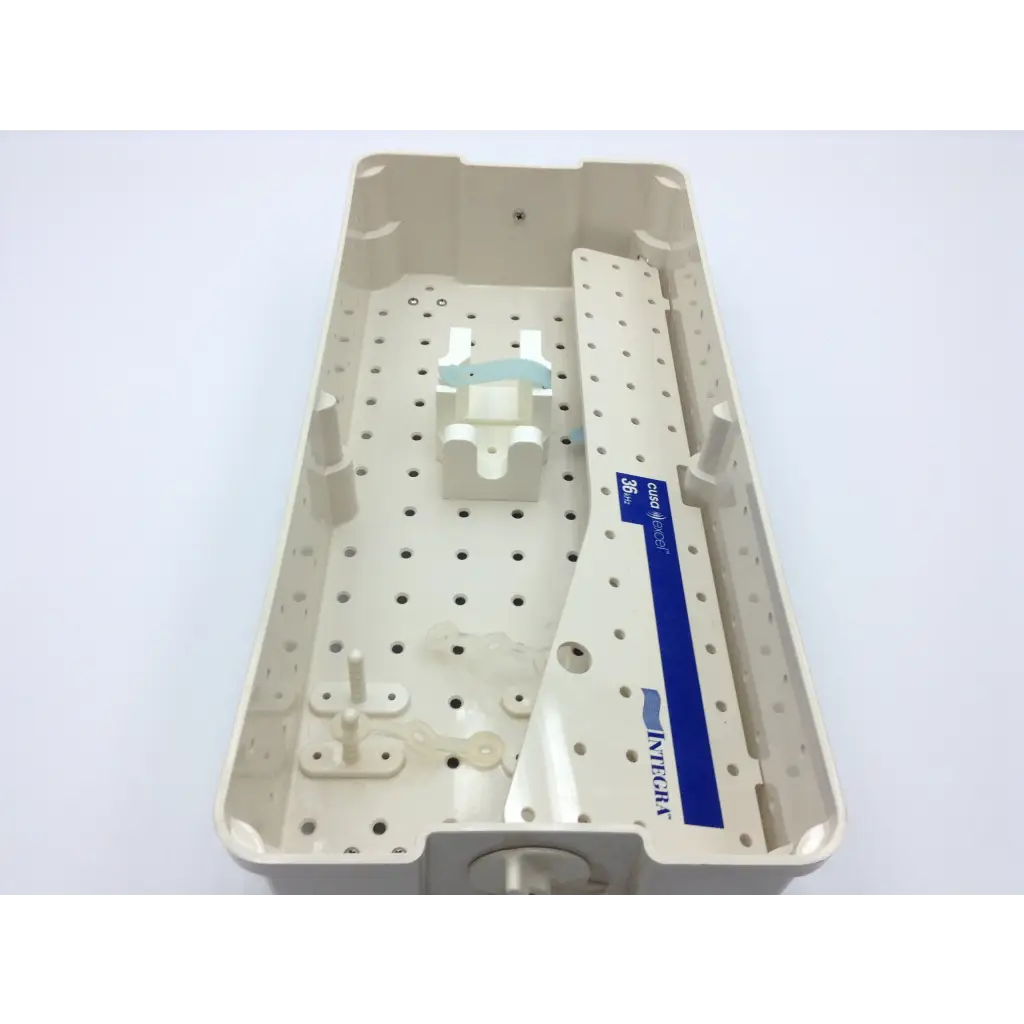 Beige plastic sterilization case tray with perforated surface and blue integra label for cusa excel ultrasonic aspirator 36khz