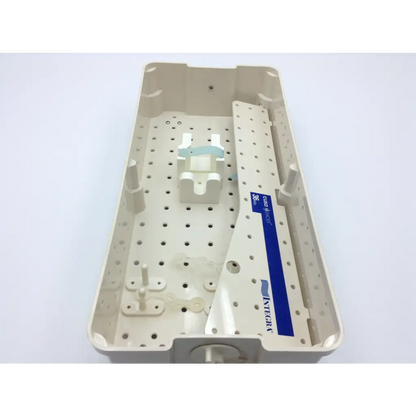 Beige plastic sterilization case tray with perforated surface and blue integra label for cusa excel ultrasonic aspirator 36khz