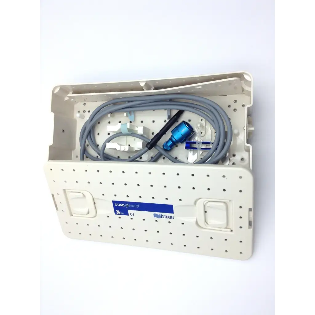 Beige perforated sterilization case tray with coiled gray tubing and blue connectors for cusa excel ultrasonic aspirator 36khz