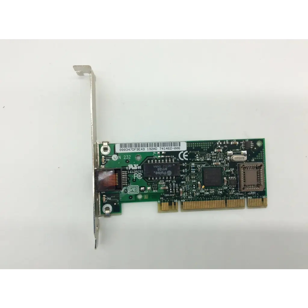Green intel kalex pci ethernet network card with silver metal bracket and gold-colored connector pins for pci ethernet connection