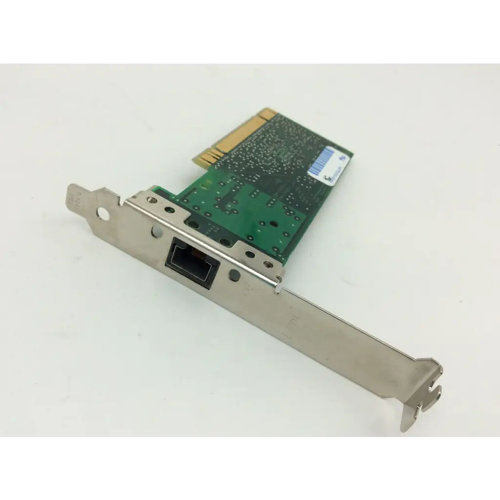 Silver metal bracket with green circuit board, black ethernet port, and gold-plated pci connector for intel kalex pci ethernet