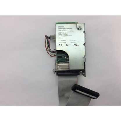 Silver metallic intermec 068832-001 3400e thermal label printer ethernet interface board with green circuit board and ribbon cable
