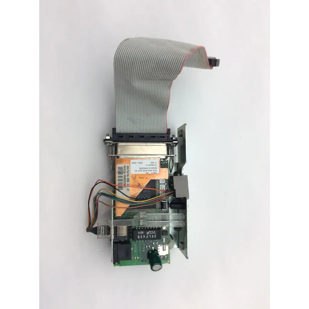 Gray ribbon cable with black connector on intermec 068832-001 3400e thermal label printer ethernet interface board assembly