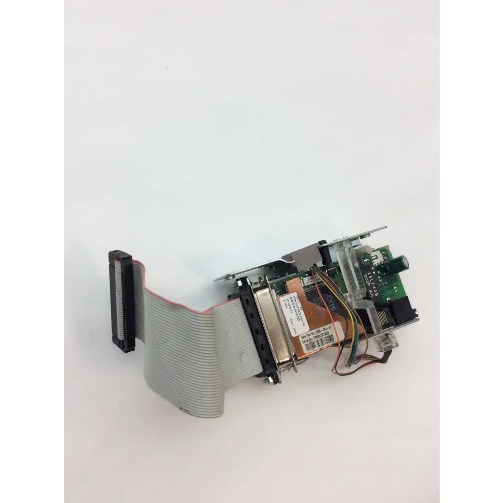 Gray flexible ribbon cable with black connector attached to intermec 068832-001 3400e thermal label printer ethernet board