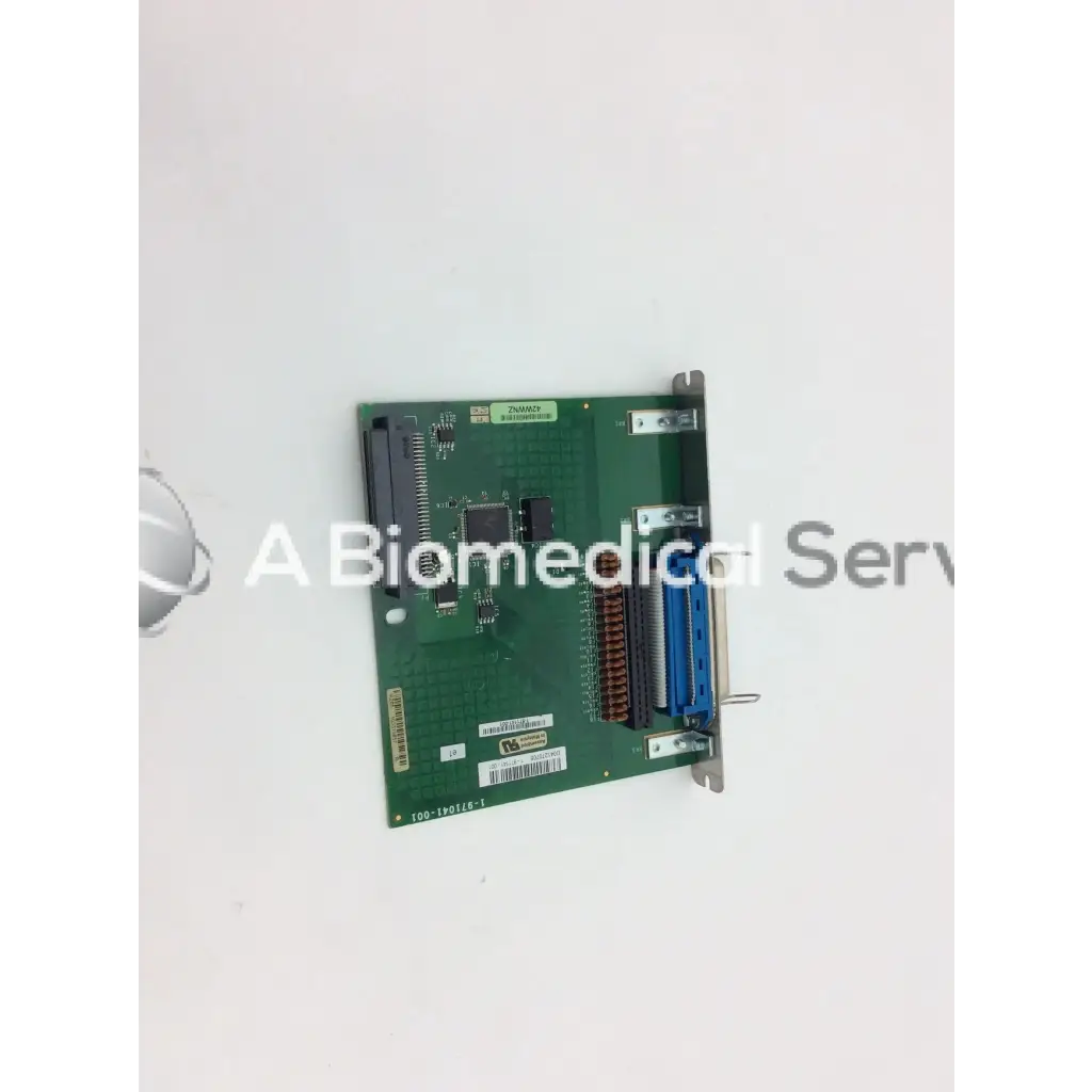 Green rectangular intermec parallel port i o board with blue brown connectors and metallic mounting bracket bbcf1-5