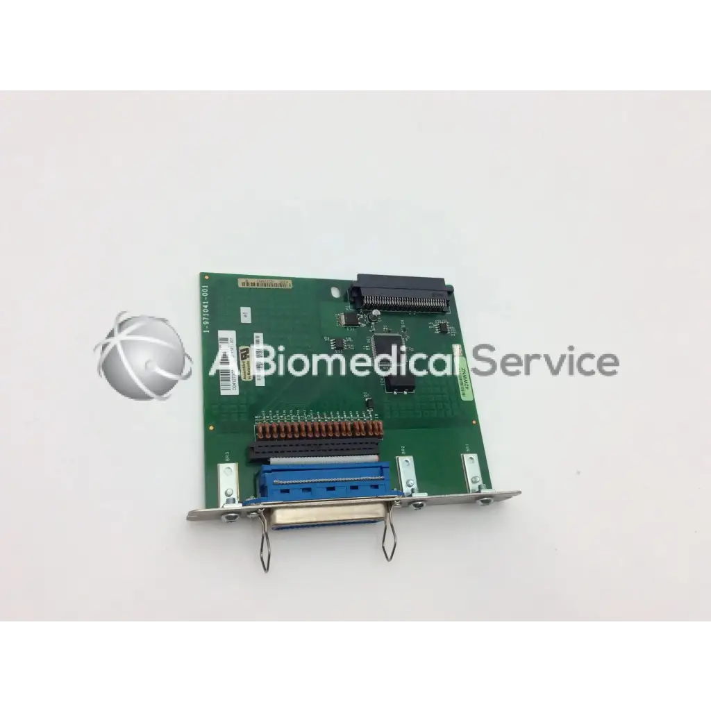 Intermec 1-971041-001 parallel port i o board with green circuit board blue black connectors and silver brackets bbcf1-5