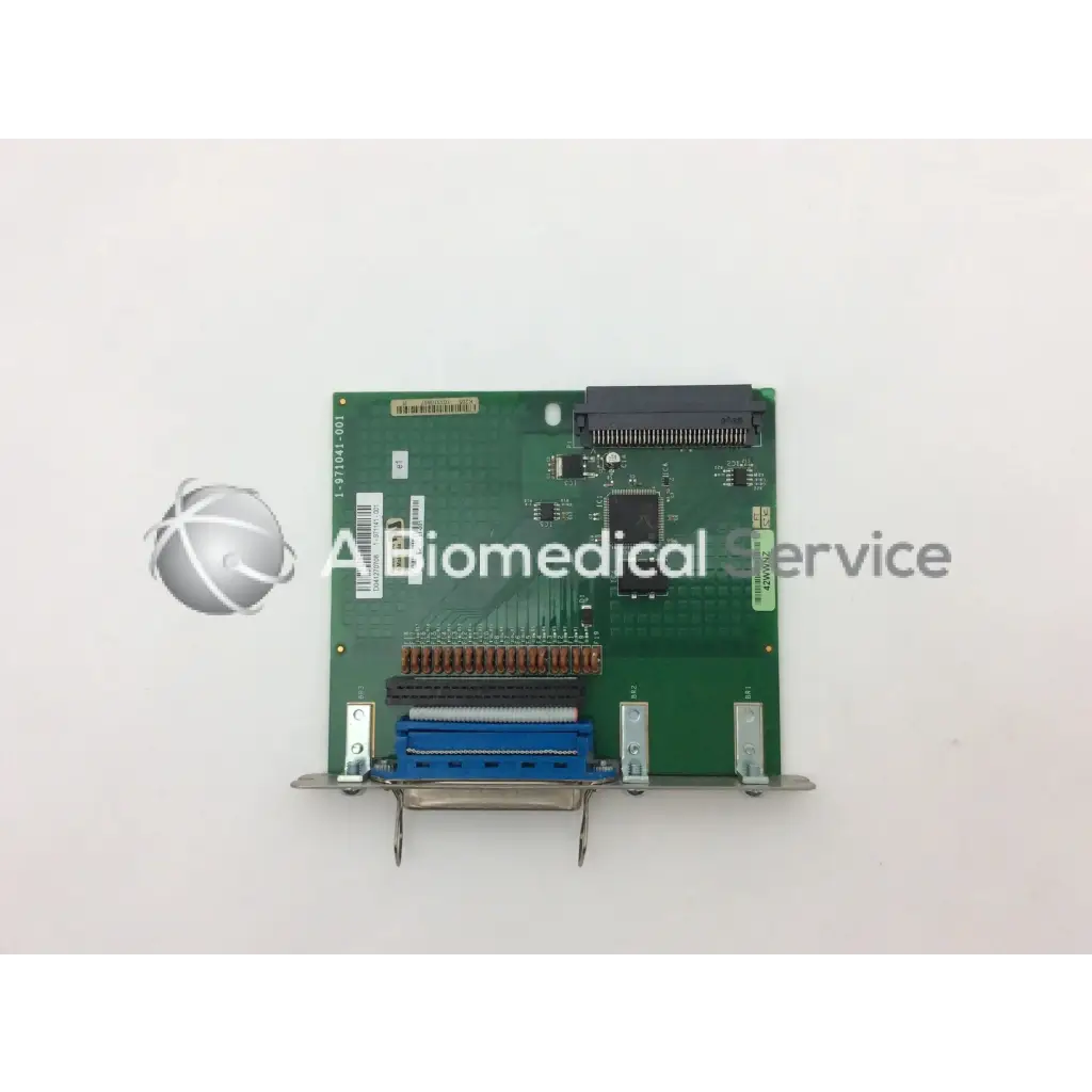 Intermec 1-971041-001 parallel port i/o board with green pcb blue and black bbcf1-5 connectors and metal brackets