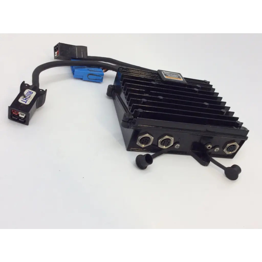 Black rectangular control module with heat sink and multiple ports for invacare power wheelchair back side view