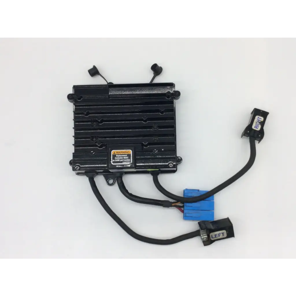Black rectangular automotive hid ballast with ribbed heat sink and multiple wiring connectors for invacare power wheelchair control module