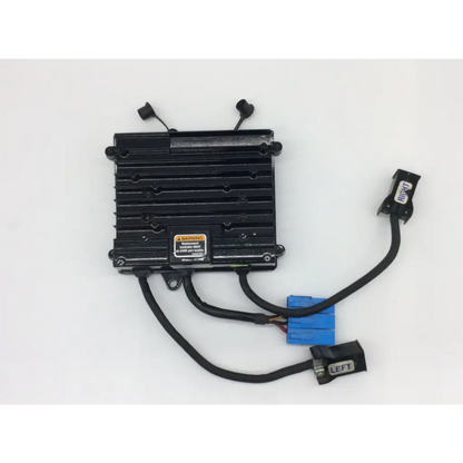 Black rectangular automotive hid ballast with ribbed heat sink and multiple wiring connectors for invacare power wheelchair control module