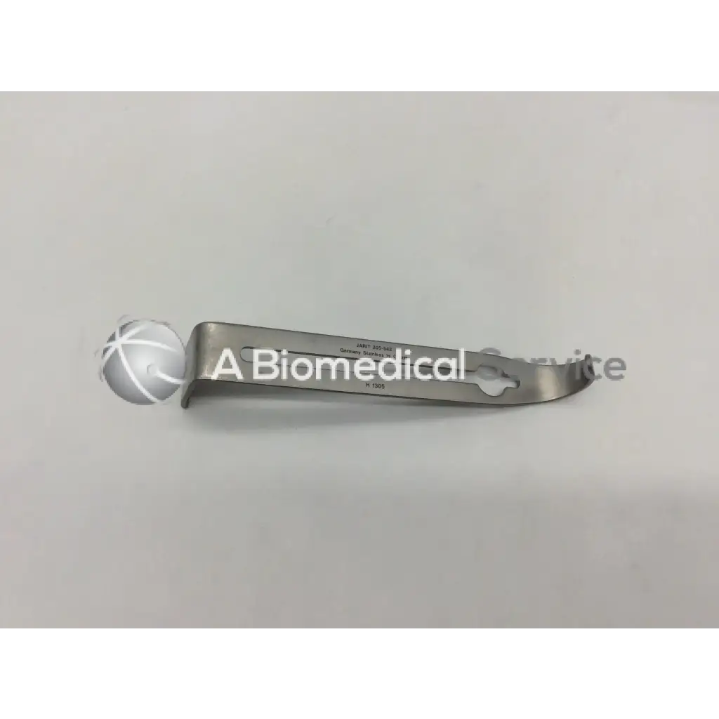 Silver Jarit 205-542 center retractor blade with rounded handle and curved stainless steel blade engraved with model details