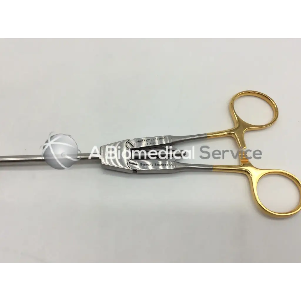 Jarit 600-261 laparoscopic in-line needle holder with gold handles stainless steel body and spherical translucent tip