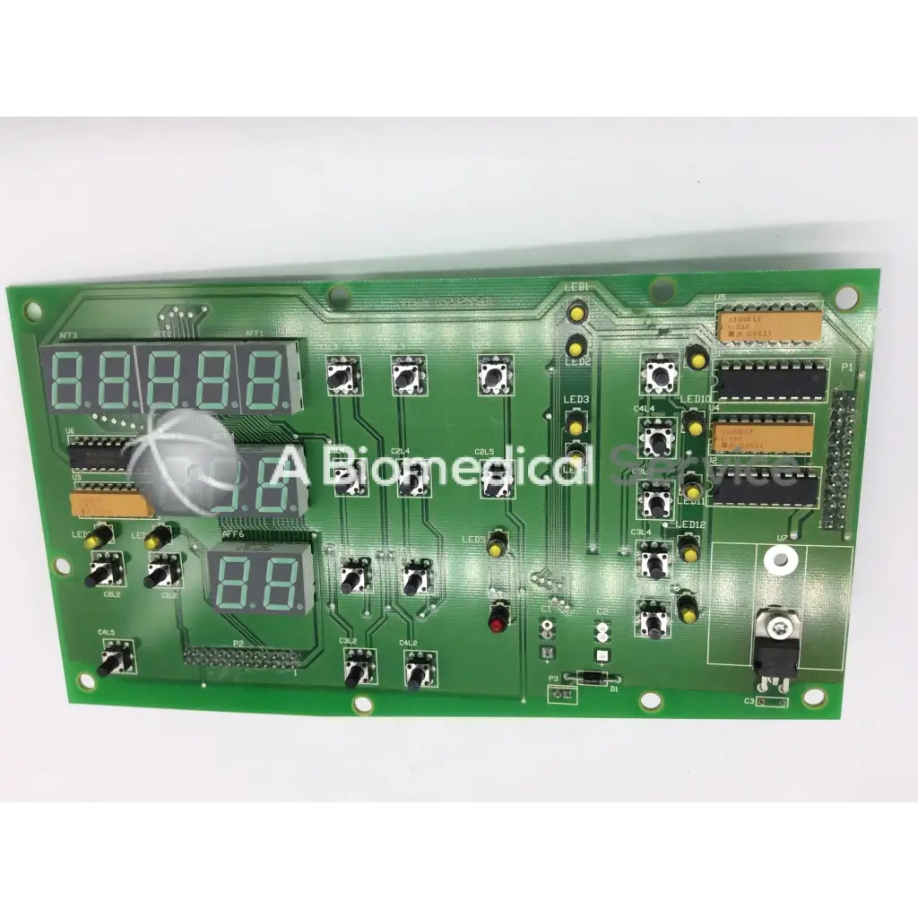 Green rectangular circuit board with digital displays and switches for jouan 85232554b thermo cl31 centrifuge control board