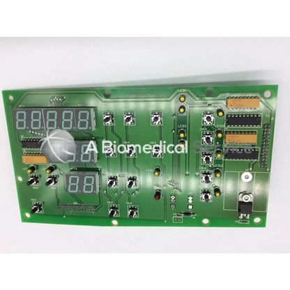 Green rectangular circuit board with digital displays and switches for jouan 85232554b thermo cl31 centrifuge control board