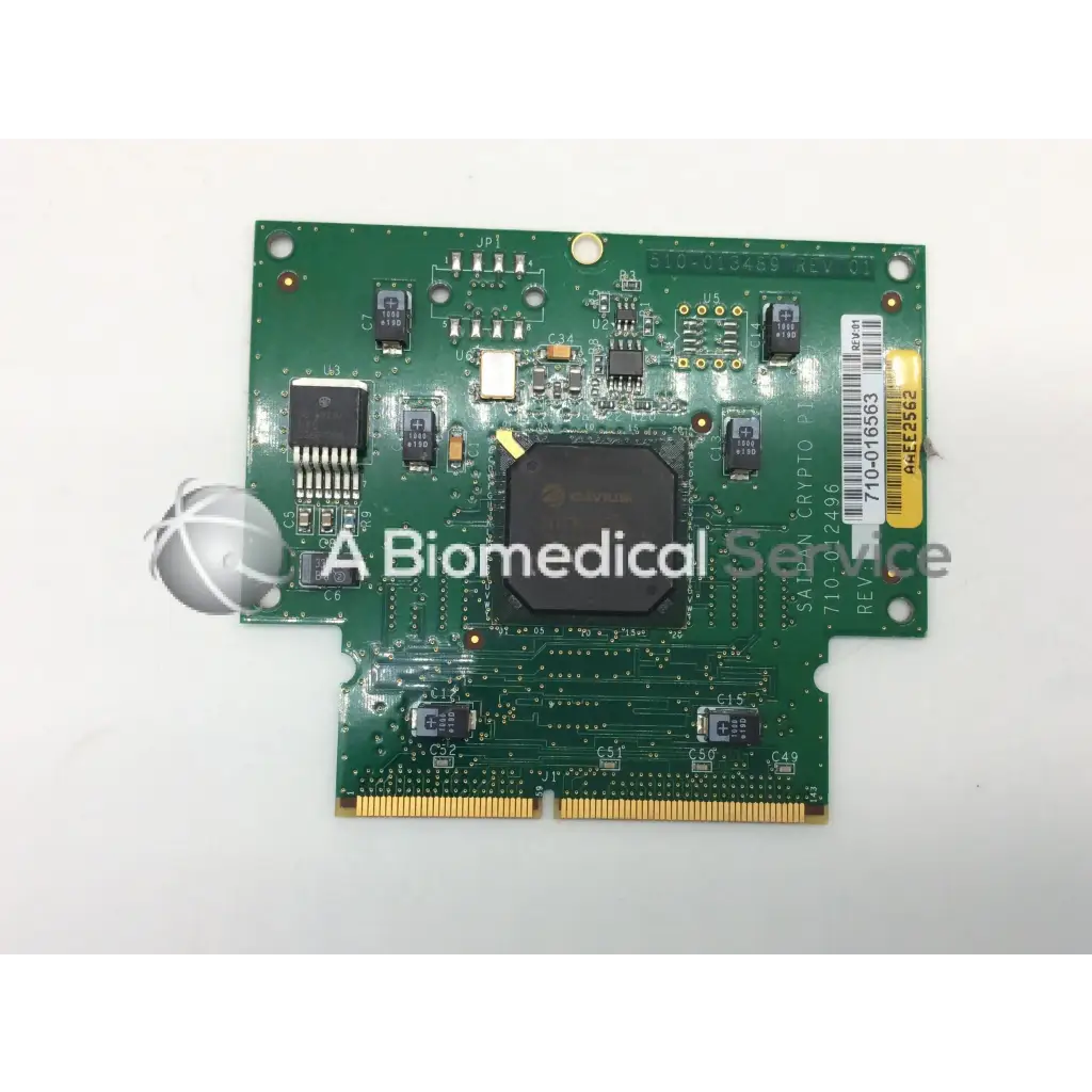 Green saipan crypto pic main board with black integrated circuits gold contacts and central chip labeled salan crypto