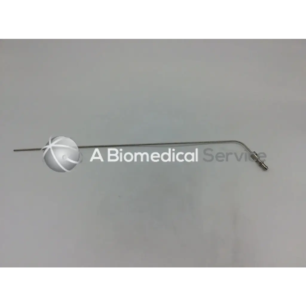 Silver rigid suction tube with curved metal shaft white spherical tip and threaded connector by karl storz