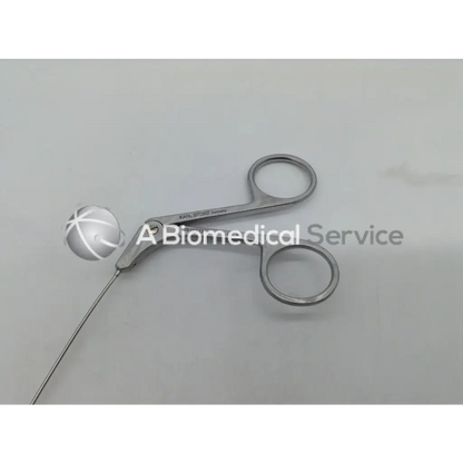 Silver karl storz ehw semi rigid scissors with spherical tip and engraved branding on surgical forceps