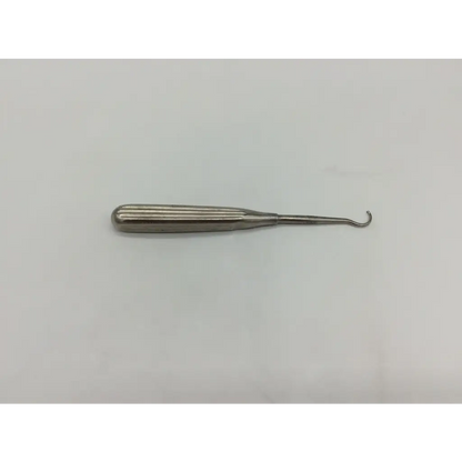 Silver stainless steel ligature carrier fine curved awl with ribbed handle and curved hook tip by Kirwan 50-1007