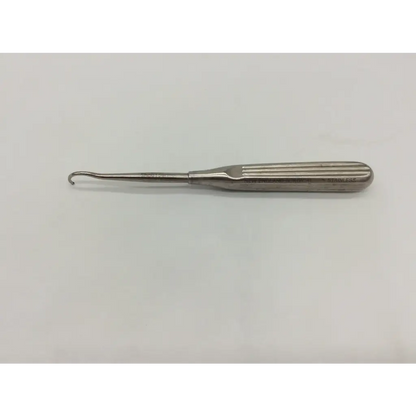 Silver surgical ligature carrier fine curved awl with ribbed handle and curved hook for precise suturing tasks