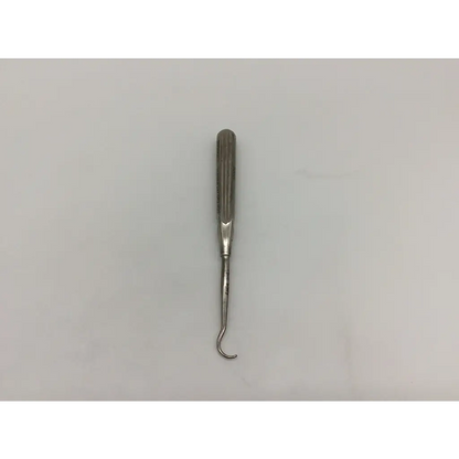 Silver surgical ligature carrier fine curved awl with textured handle and curved hook tip for precise suturing