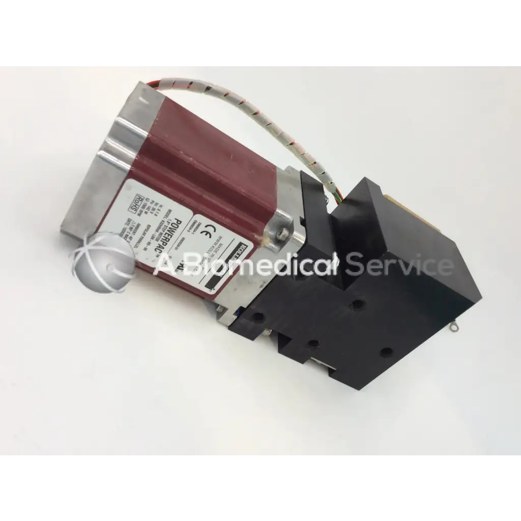 Maroon and silver Kollmorgen powerpac 1.8 degree step motor with black mounting bracket labeled pulserac by Stryker