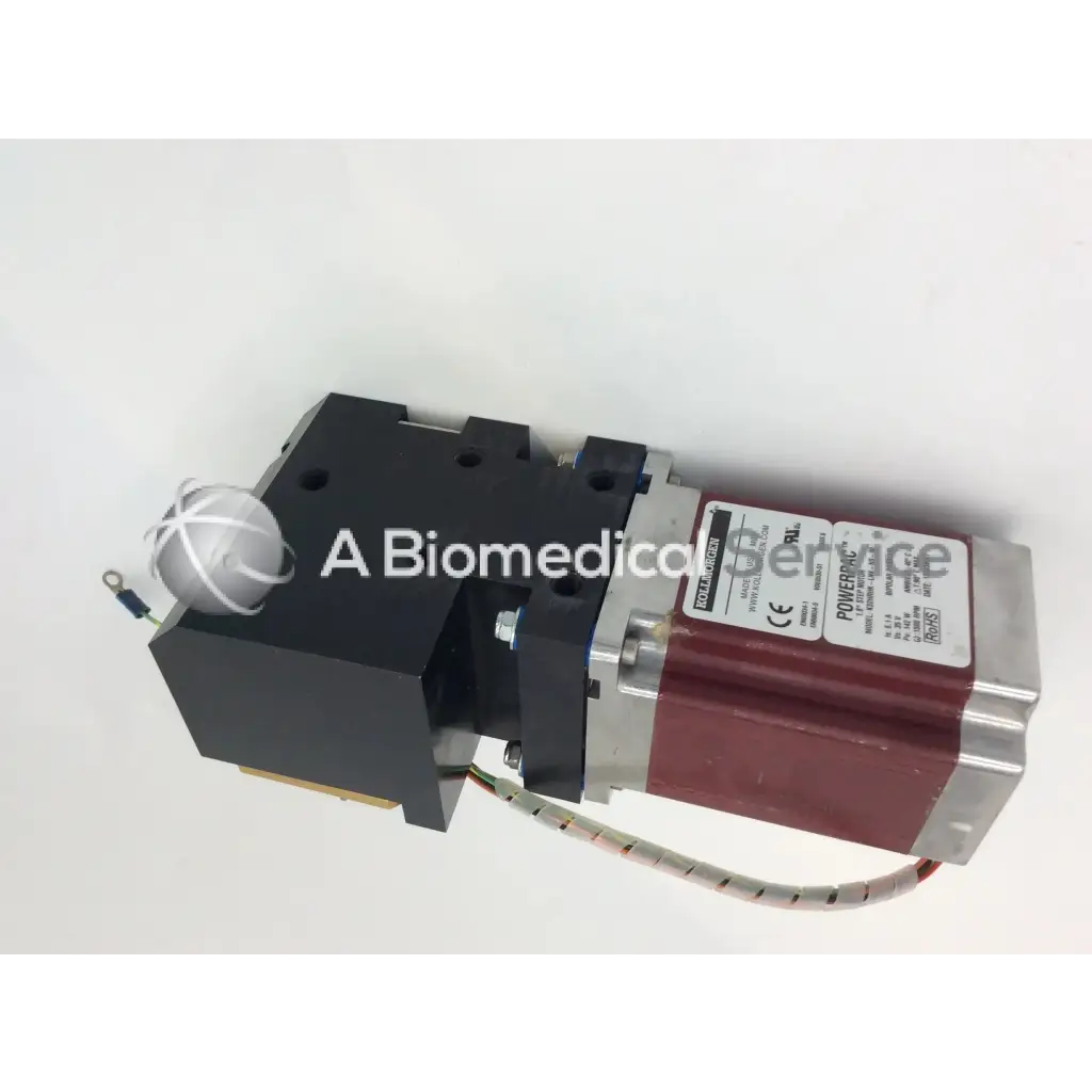 Black and maroon kollmorgen powerpac k32hrhk-lnk-ns-00 degree step motor with silver accents and powersync label