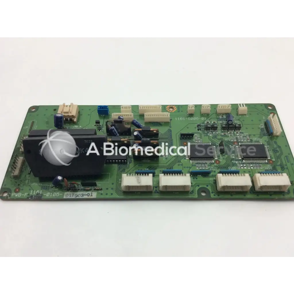 Green konica minolta pwb-f board with black beige connectors blue capacitors and central stk6713bmk4 bbcf1-1 chip assembly