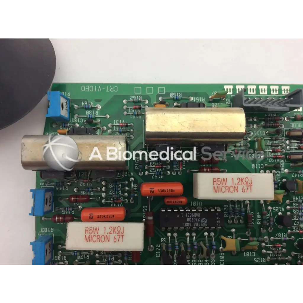 Lares 105 bbce5-3 board with green circuit board featuring gold capacitors and orange resistors for electronic use