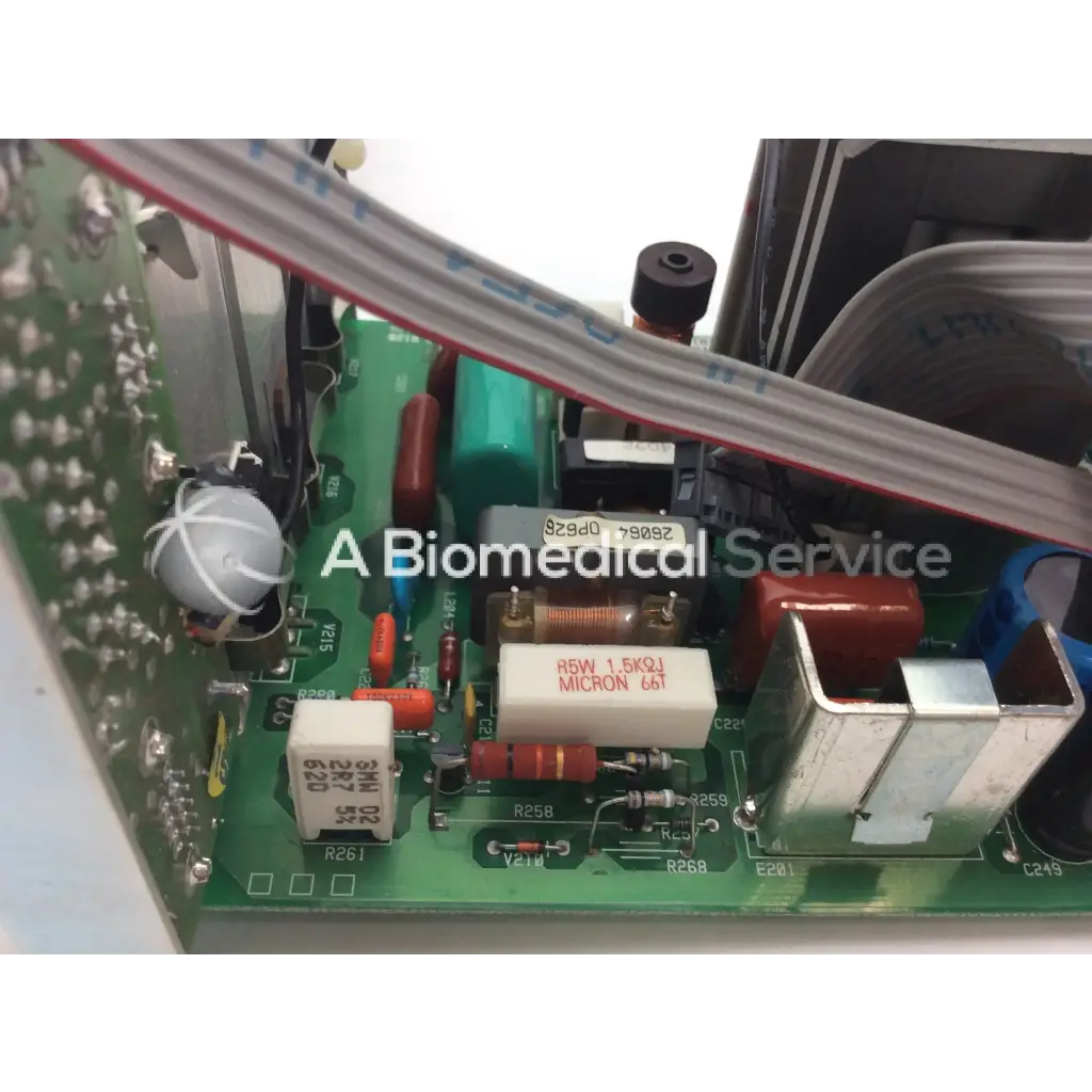 Green bbce5-3 printed circuit board LARES 105 with capacitors resistors and labeled micron component r5w 1.5kω