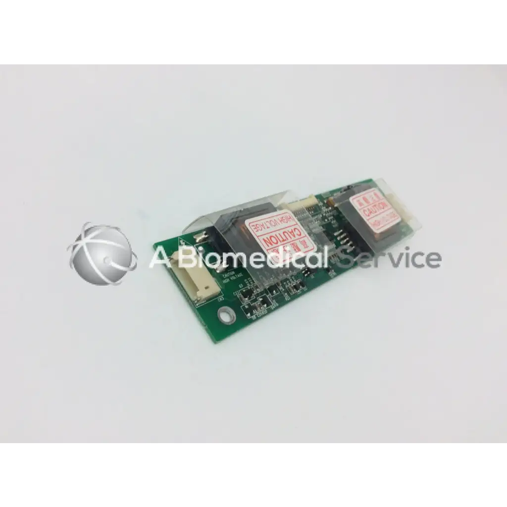 Green rectangular lcd inverter board gh166a with black components and red warning labels for electronic devices
