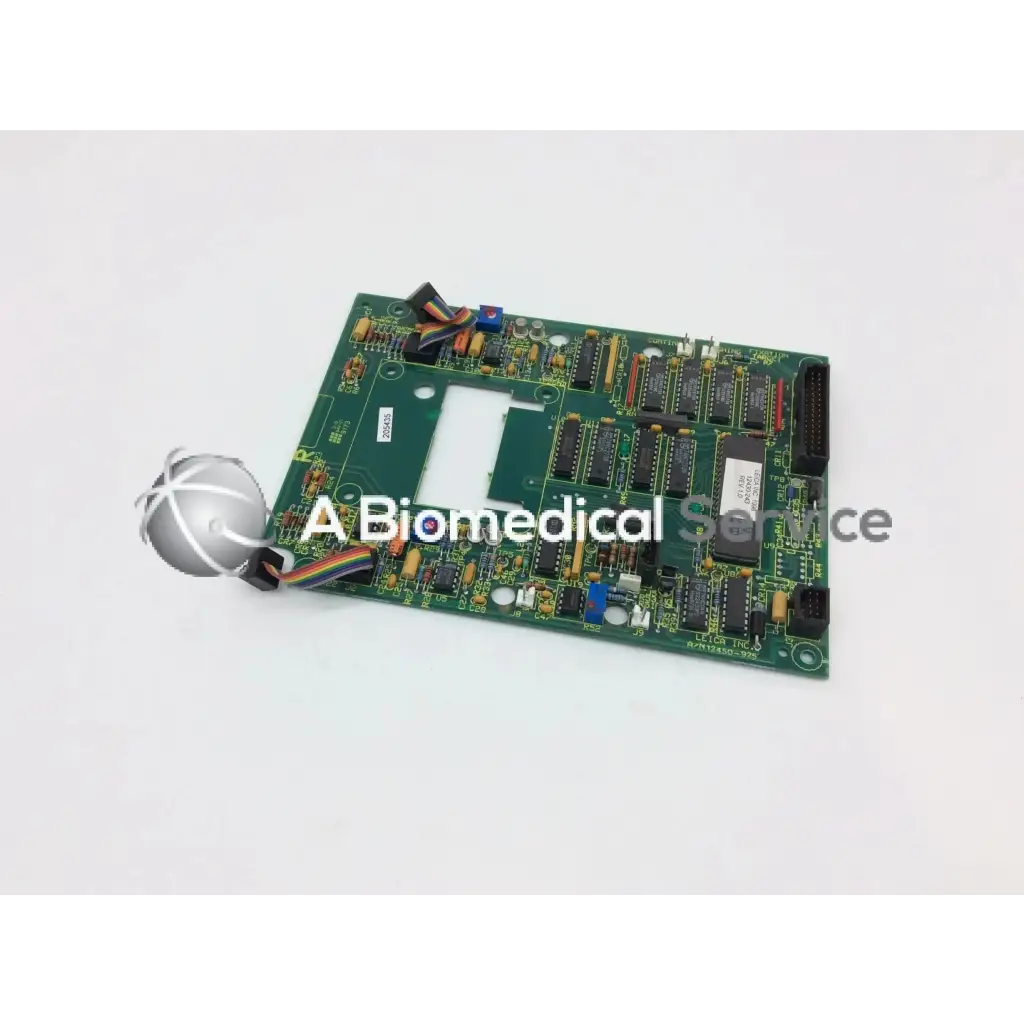 Green rectangular circuit board with black integrated circuits and electronic components for leica a n 12450 925 board