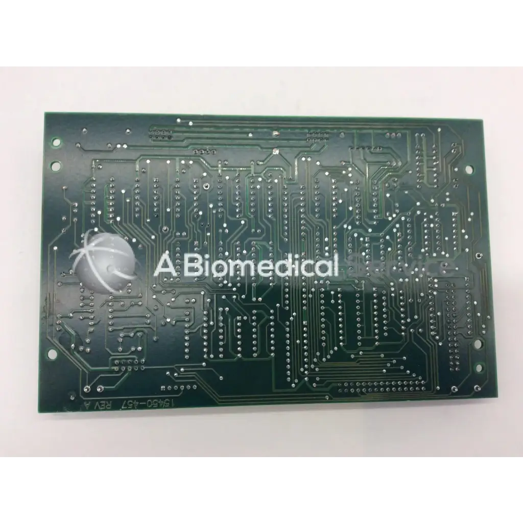 Green rectangular printed circuit board with silver traces and biomedical logo for leica inc a n 12450 457 rev a board