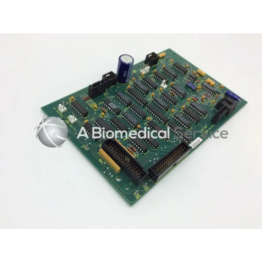 Leica inc a n 12450-457 rev a green printed circuit board with black ic chips blue capacitor and connectors