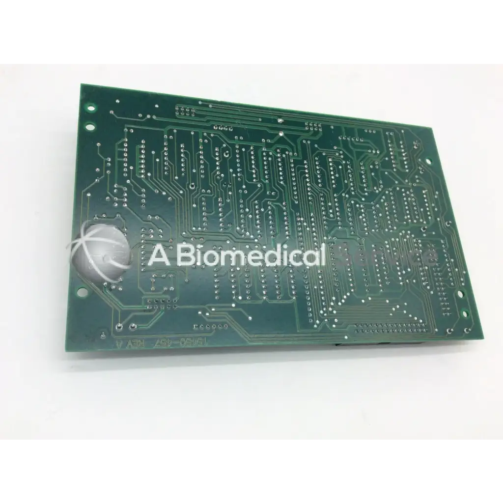 Leica Inc A/N 12450-457 REV A green circuit board with intricate silver conductive traces and solder pads