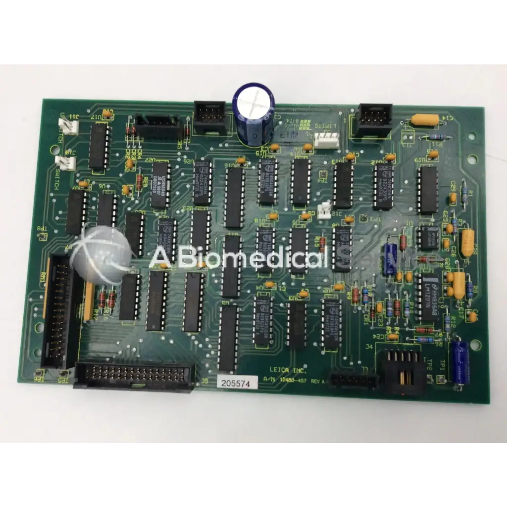 Leica inc a n 12450 457 rev a board green pcb with black ics yellow capacitors and blue components