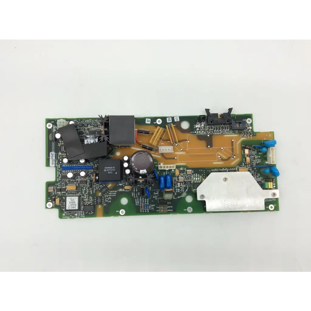 Green printed circuit board with black and blue components gold traces and white heat sink for lifepak 12 biphasic module therapy system