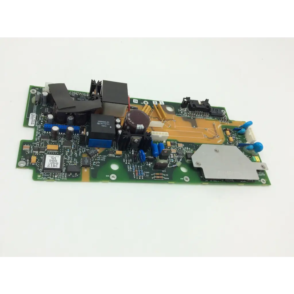 Green printed circuit board with black blue and brown components for lifepak 12 biphasic module therapy system pcb board