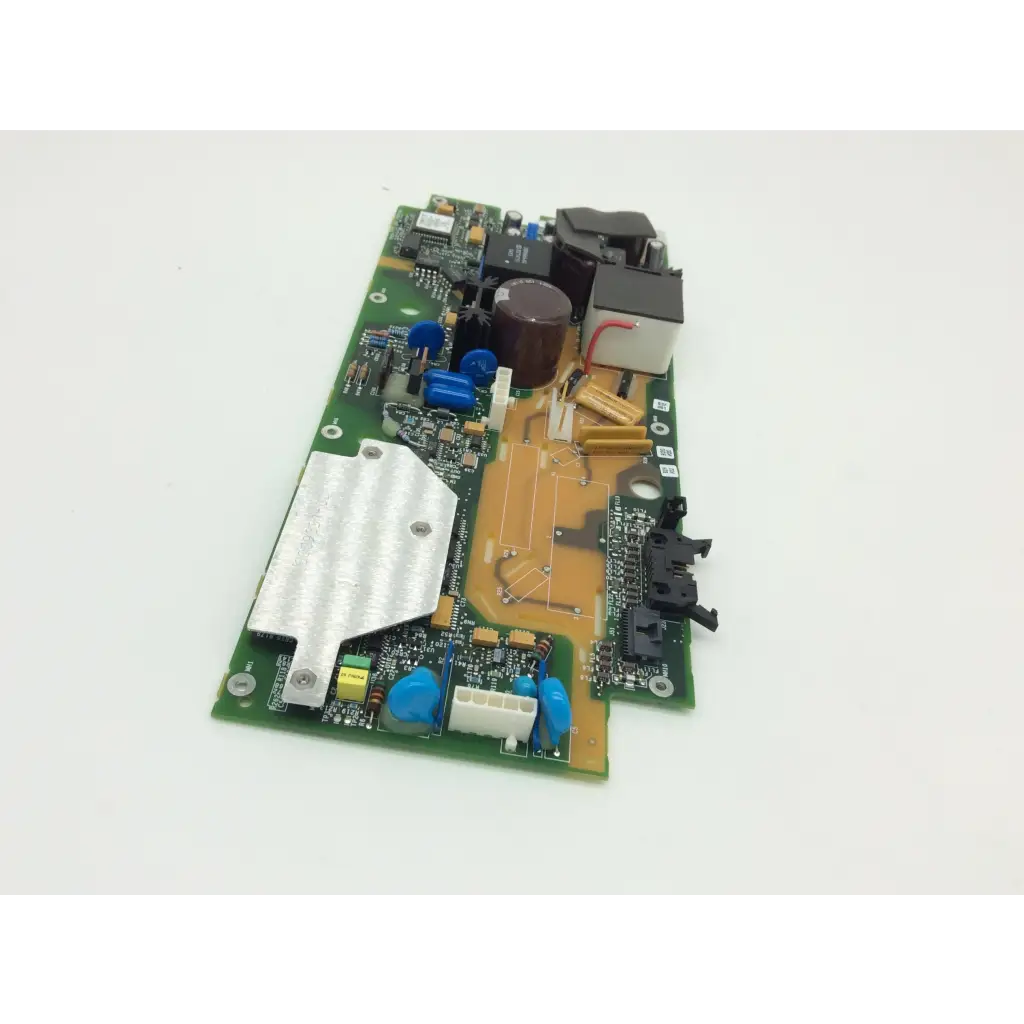 Green pcb board of lifepak 12 biphasic module therapy system with blue capacitors black relays and silver heat sink