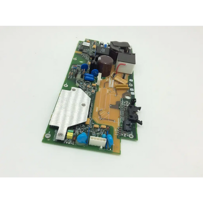Green pcb board of lifepak 12 biphasic module therapy system with blue capacitors black relays and silver heat sink