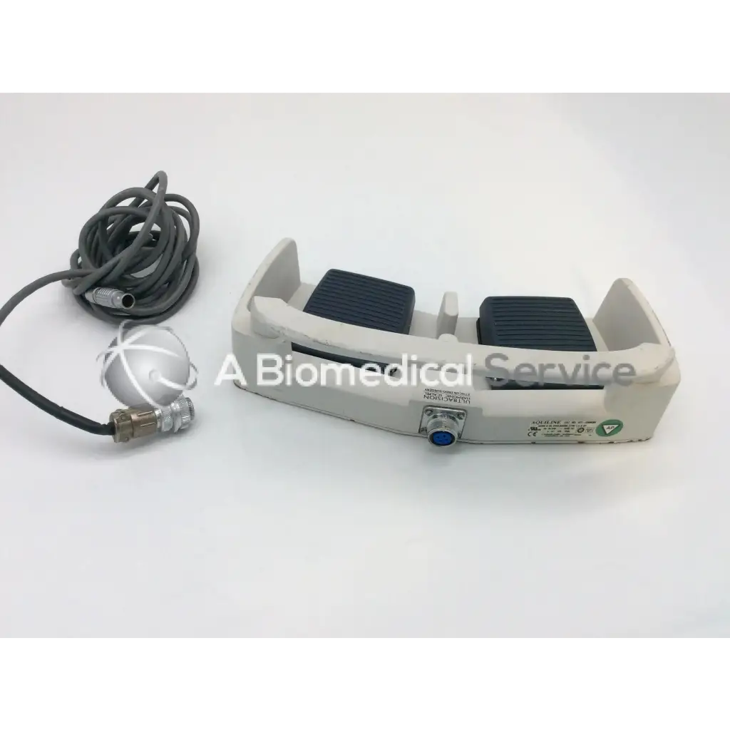 Linemaster Aquiline gray and black dual pedal harmonic scalpel footswitch with coiled cable and metallic spherical sensor attachment