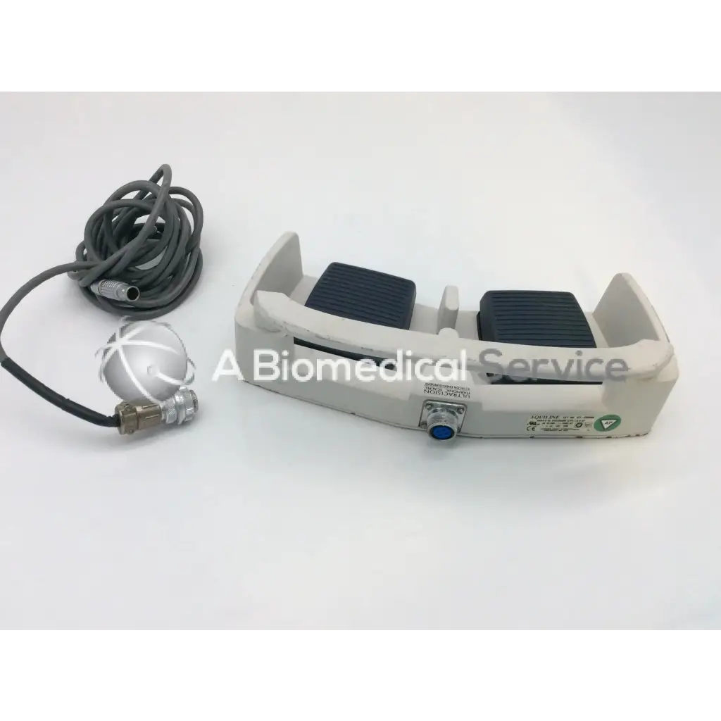 Gray and black linemaster aquiline 971-swnom harmonic scalpel footswitch with coiled cable and metallic sensor attachment